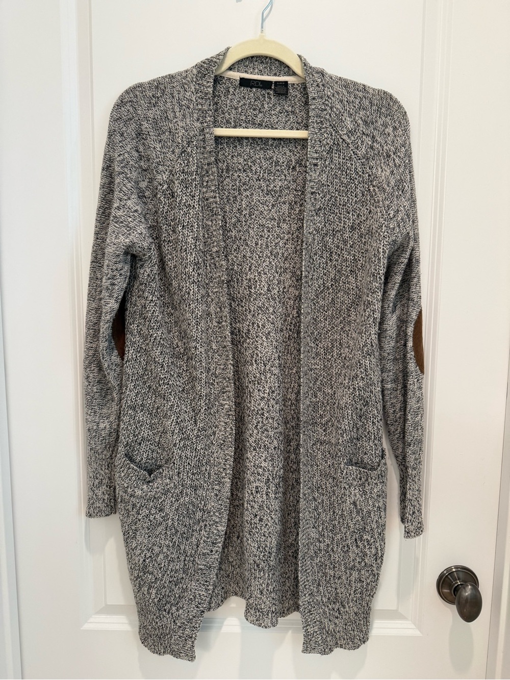 Cozy Open-Front Gray Marled Cardigan Sweater with Elbow Patches-S